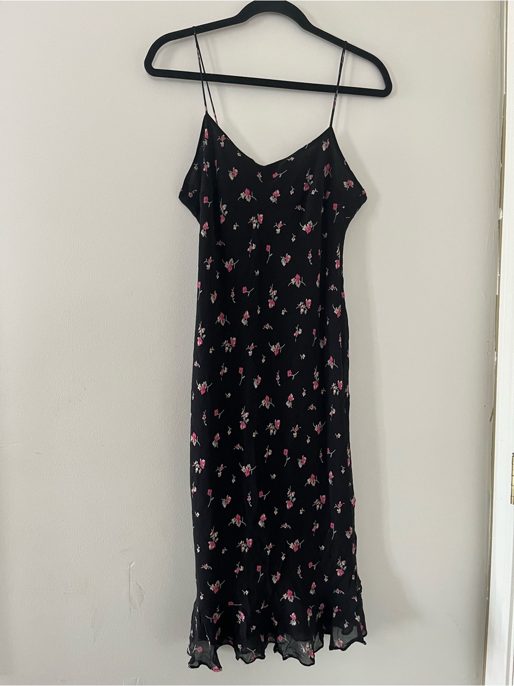 Vintage 90s Ann Taylor Black Pink Floral Silk Slip Midi Dress Small Feminine